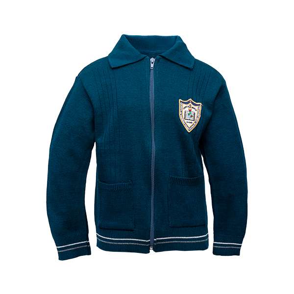 Suéter escolar color azul oscuro con detalles en blanco, cuello camisero y cierre frontal