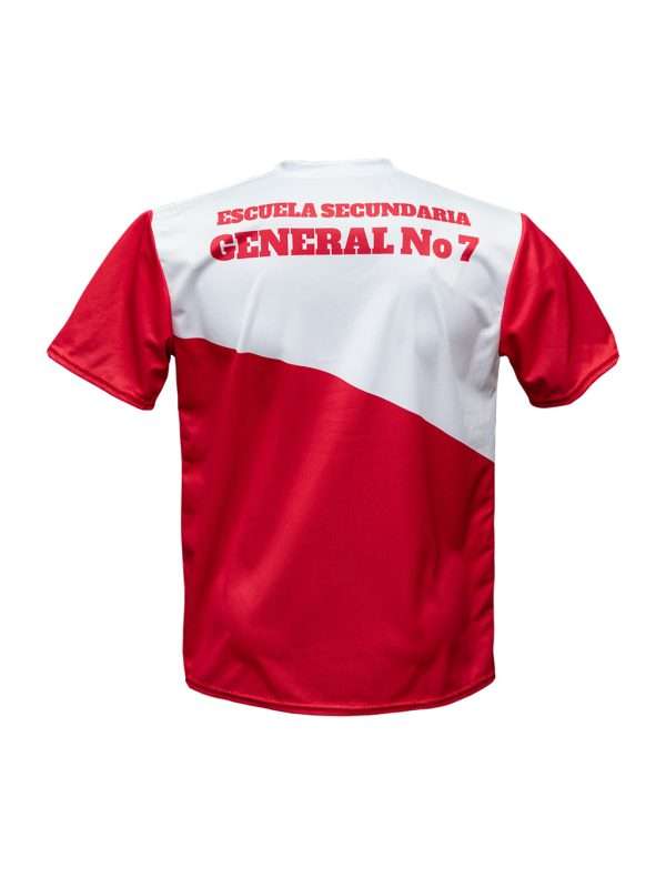 Playera sublimada escolar cuello V color blanco con rojo - Imagen 3