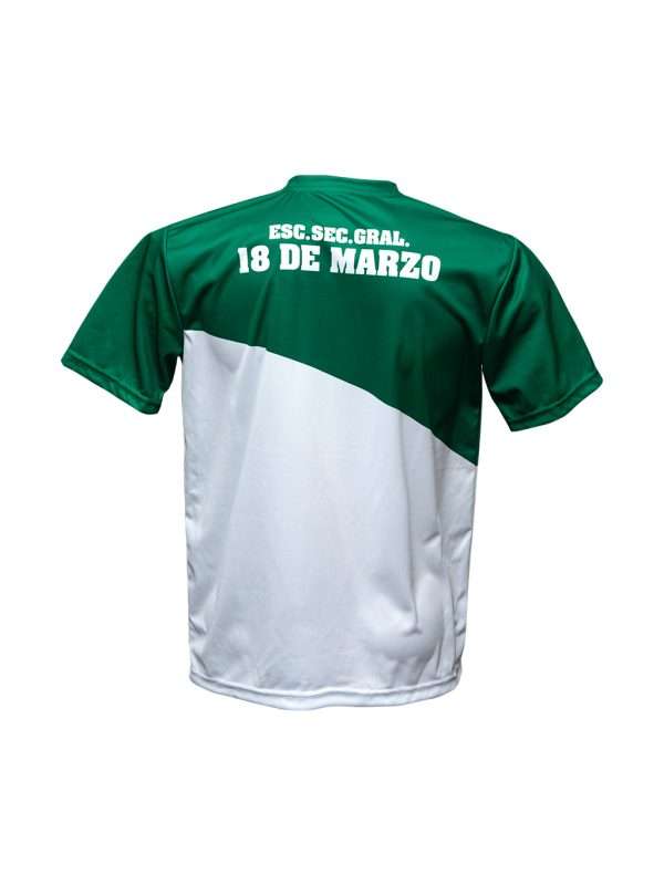 Playera sublimada escolar cuello V color blanco con verde y detalles en rojo - Imagen 3