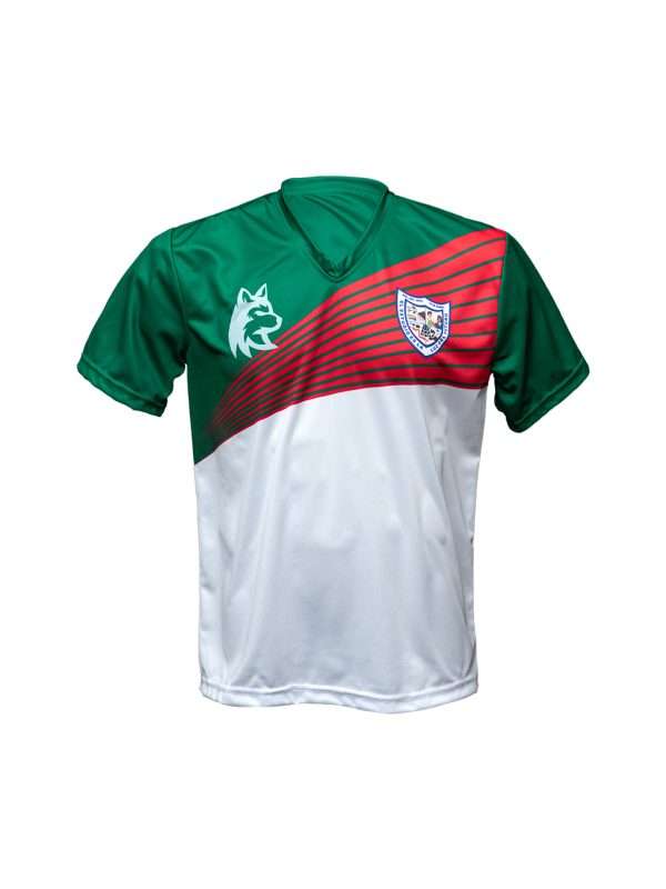Playera sublimada escolar cuello V color blanco con verde y detalles en rojo - Imagen 2