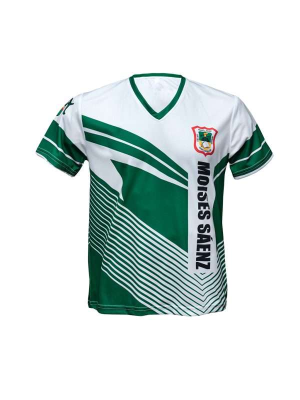 Playera sublimada escolar cuello V color blanco con verde - Imagen 2