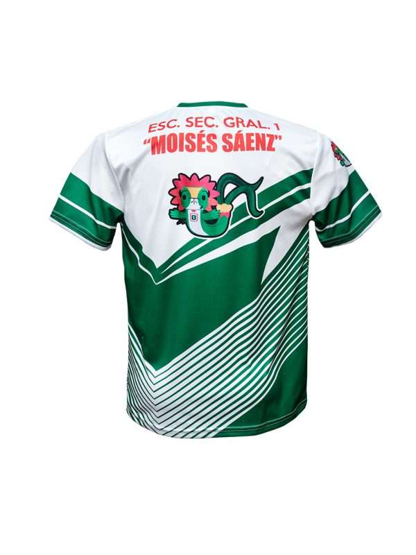 Playera sublimada escolar cuello V color blanco con verde - Imagen 3