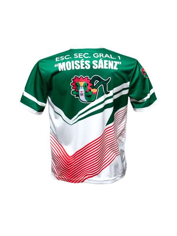 Playera sublimada escolar cuello V color diseño en verde con blanco y detalles en rojo - Imagen 3