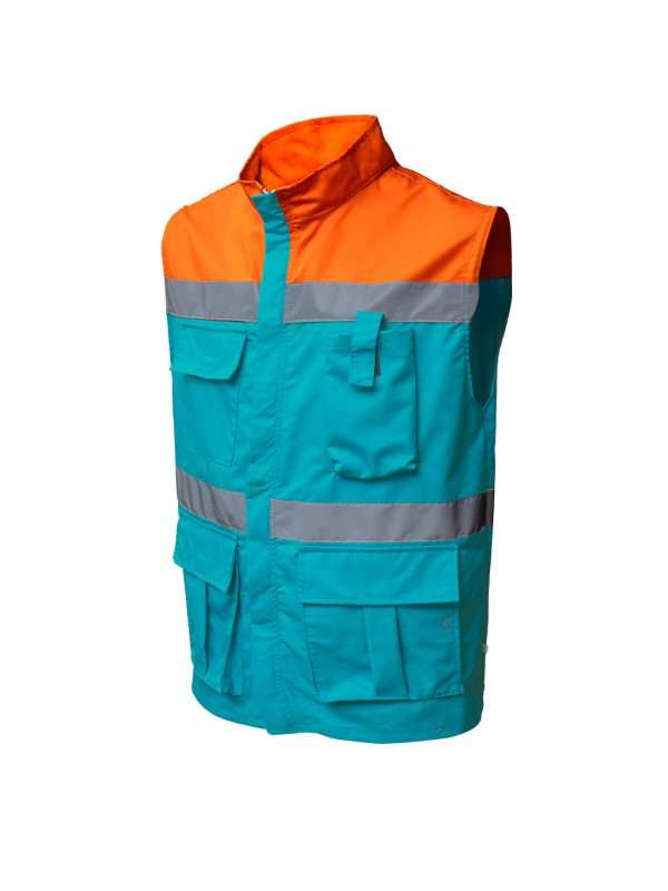 Chaleco de seguridad bicolor naranja y verde agua con reflejantes - Imagen 2