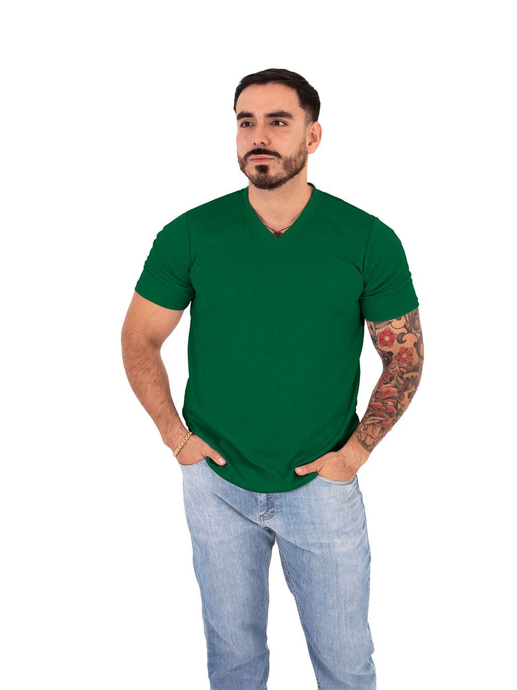 Playera cuello V color verde caballero - Imagen 7