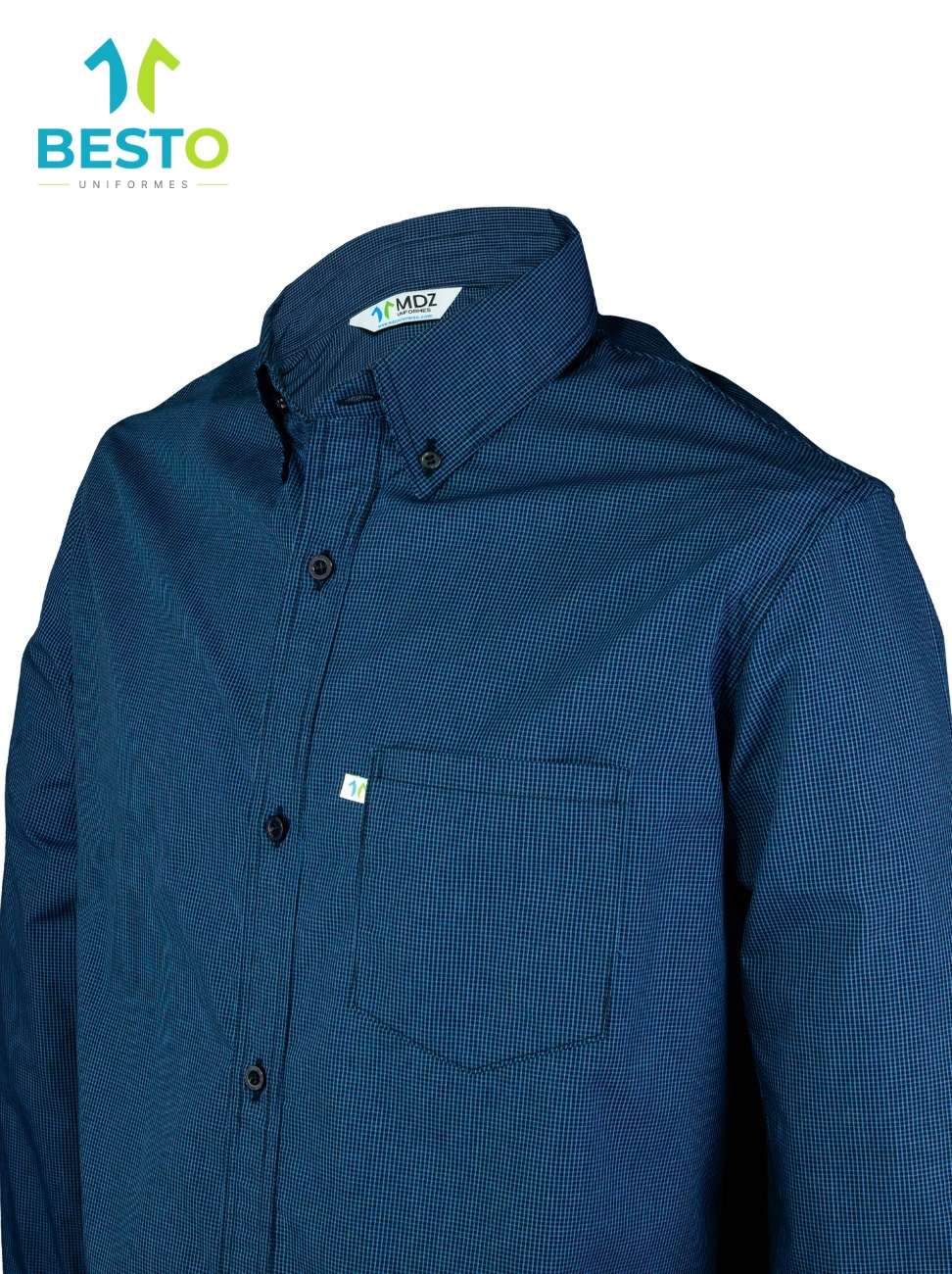 Camisa empresarial manga larga a cuadros azul marino - Besto Uniformes